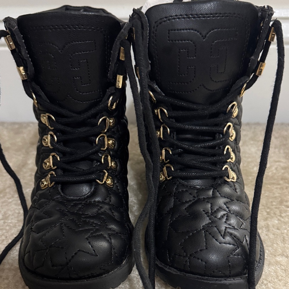 Sam Edelman Black Quilted Kids Lace-Up Boots with Gold Eyelets